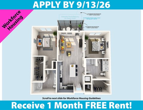 Floor plan for 2 beds, 2 baths, 1080 sqft